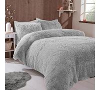 FAUX FUR SHAGGY Long Pile Face, Soft Touch Plush Fleece Reverse, Duvet Cover Set with Pillow Case Thermal Fluffy Winter Warm Cozy Cuddly Bedding Bed Set (Silver, Single)