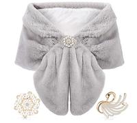 Faux Fur Shawl Wrap Stole Shrug Winter Bridal Wedding Scarf Wrap with Faux Pearl Rhinestone Brooches for Women 1920s (Silvery Gray, Medium, Short Hair)