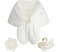 Faux Fur Shawl Wrap Stole Shrug Winter Bridal Wedding Scarf Wrap with Faux Pearl Rhinestone Brooches for Women 1920s (White, Medium, Short Hair)