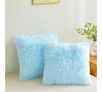 Faux Fur Throw Pillow Covers Blue 18"x18" Furry Shaggy Cushion Covers Plush Fuzzy Fluffy Pillow Cases Decorative Pillow Shams with Zipper Set of 2 for Sofa Living Room Bedroom Interior