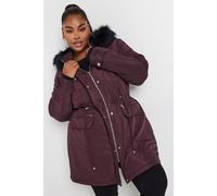 Yours Curve Burgundy Faux Fur Trim Plush Parka Jacket - Women's - Plus Size Curve