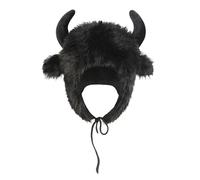 Faux Fur Winter Earflap Hats Plush Warm Cute Bull Hat Furry Buffalo Horns Hood Halloween Viking Costume Fancy Party Animal Themed Headwear Unisex Outdoor Ski Snow Cap Black