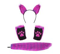 Faux Furry Cat Ears Hair Headband Tail Gloves Set, Animal Ears Hairband Long Tail Paw Gloves Dress Up, Halloween Role Play Party Costume Accessory Set For Girls And Women (Purple)