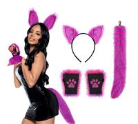 Faux Furry Fox Ears Headband Tail Paw Gloves Set - Cat Costume Accessory Set - Cat Ear Hair Band Hair Hoop Wolf Long Tail Bear Wolf Glove Fluffy Animal Costume Halloween Fancy Dress Party Props