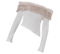 Faux Furs Plush Off Shoulder Blouse Long Sleeve Ribbed Knit Slim Fit T-Shirt Asymmetrical Pullover Crop Top For Women Black S White M