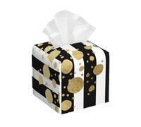 Faux Gold Paint Splatter On Black & White Stripes Luxury Leather Tissue Box Cover, Square Leather Tissue Holder with Lift Lid for Home & Office Decor