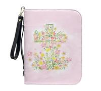 Faux Leather Bible Cover Church Bible Bag for Women Men Christian Book Carrying Case with Wristlet Strap Bible Carrier Case Scripture Protector,Cross and Flower