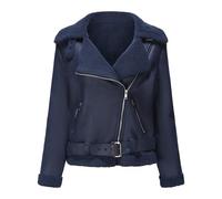 Faux Leather Biker Jacket Womens 2023 Fall Winter Warm Comfy Sherpa Lined Fleece Motocycle Jacket with Belted Faux Fur Collar Notched Lapel Cropped Aviator Jacket Coat Outerwear