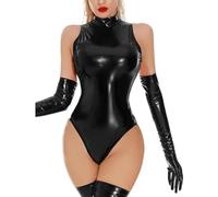 Faux Leather Bodysuit for Women, Sleeveless PVC One Piece Patent Catsuit Lingerie, Wet Look Back Zipper Jumpsuit for Cosplay Clubwear, Shiny Metallic Stand Collar Nightwear Leotard for Festival Rave