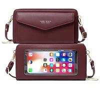 Faux Leather Crossbody Phone Bag for Women, RFID Blocking Touch Screen Wallet Shoulder Handbag with Clear Phone Window, A02 Burgundy