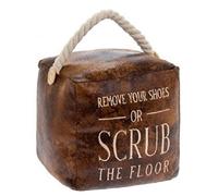 Faux Leather Distressed Vintage Novelty Cube Door Stop Complete with Rope Handle Remove Your Shoes Or Scrub The Floor Heavy Door Stopper