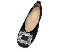 Faux Leather Dress Shoes for Women Rhinestone Slip On Rubber Soft Sole Dolly Shoes Comfortable Round Toe Low-Top Flat Shoes Arch Support Orthopedic Shoes Versatile Minimal Loafers Shoes Black