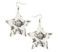 Faux Leather Earrings for Women Star Teardrop Dangle Earring Fashion Lightweight Hand Drawn Teapots and Cups Earring for Valentine's Day Jewelry Gift, One Size, No Gemstone