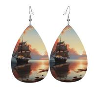 Faux Leather Earrings for Women Teardrop Dangle Earring Fashion Lightweight Scary ship at sea Waterdropearring for Valentine's Day Jewelry Gift, One Size, No Gemstone
