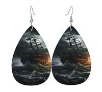 Faux Leather Earrings for Women Teardrop Dangle Earring Fashion Lightweight Scary ship at sea Waterdropearring for Valentine's Day Jewelry Gift, One Size, No Gemstone