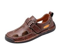 Faux Leather Fisherman Sandals for Men's Hand-Stitched Hollow Out Hook Loop Flats Closed Toe Slip On Summer Non Slip Sandals Lightweight Breathable Casual Walking Shoe (Brown, 9)