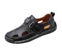 Faux Leather Fisherman Sandals for Men's Hand-Stitched Hollow Out Hook Loop Flats Closed Toe Slip On Summer Non Slip Sandals Lightweight Breathable Casual Walking Shoe (Black, 9.5)