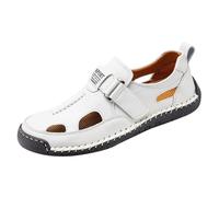 Faux Leather Fisherman Sandals for Men's Hand-Stitched Hollow Out Hook Loop Flats Closed Toe Slip On Summer Non Slip Sandals Lightweight Breathable Casual Walking Shoe (White, 7.5)