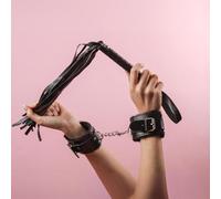 Faux Leather Fur Lined Handcuffs and Flogger Set - Bondage Kit for Couples. Fluffy Fur Lined Wrist Straps Restraints (Black)