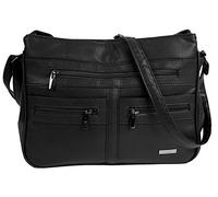 Faux Leather Handbag / Shoulder Bag with 7 Zip Compartments & Double Zip Top (BLACK)