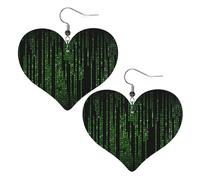 Faux Leather Heart Earring Fashion Heart Earrings Cute Green Number Binary Print Dangle Drop Earrings