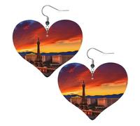 Faux Leather Heart Earring Fashion Heart Earrings Cute Las Vegas Sunset Print Dangle Drop Earrings