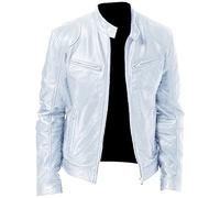 Faux Leather Jacket for Men Vintage Stand Collar Motorcycle PU Jackets Fall Winter Moto Biker Bomber Outwear Coats (White,XL)