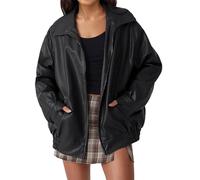 Faux Leather Jacket Women's Black Long Leather Jacket Women's Black Oversize Jacket Zip Motorcycle Jacket Spring Autumn Stand-Up Collar Leather Short Jacket Slim Leather Jackets Summer Jacket