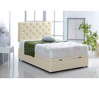 Faux Leather Ottoman Foot Lift Bed | Memory Orthopaedic Mattress | HEADBOARD by Comfy Deluxe LTD (Cream, 4FT6 Double)