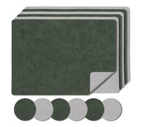 Faux Leather Placemats and Coaster Sets 6 | Dual Sided Green/Grey Table Mats and Coasters | Place Mats For Table 6 - Wipeable Placemats Heat Resistant Place Mat (Green/Grey)