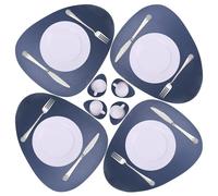Faux Leather Placemats and Coasters Set of 4, Dual-Sided Round Place Mats for Kitchen Dining Patio Table, Washable Oval Modern Table Mates, Non-Slip Heat Resistant Coffee Mates Indoor(Navy Blue)