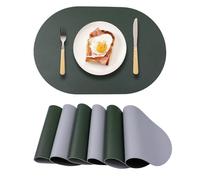 Faux Leather Placemats Set of 6 Oval Reversible Placemat Waterproof Green and Grey PU Table Mats Heat Resistant Anti Slip Wipeable Place Mat for Indoor and Outdoor Dining Table