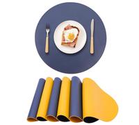 Faux Leather Placemats Set of 6 Reversible,Round PU Placemat for Dining Table,Waterproof Table Mats Heat Resistant Wipeable Anti Slip Washable,Modern Table Protectors(Navy Blue and Yellow)