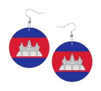 Faux Leather Round Earring, Fashion Earrings, Cute Cambodia Flag Print Dangle Drop Earrings