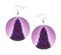 Faux Leather Round Earring, Fashion Earrings, Cute Christmas Purple Tree Print Dangle Drop Earrings