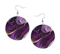 Faux Leather Round Earring, Fashion Earrings, Cute Dark purple texture marble Print Dangle Drop Earrings