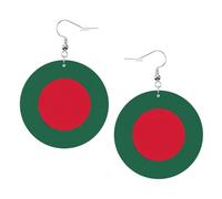 Faux Leather Round Earring, Fashion Earrings, Cute Flag of Bangladesh Print Dangle Drop Earrings