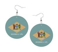 Faux Leather Round Earring, Fashion Earrings, Cute Flag of Delaware Print Dangle Drop Earrings