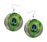 Faux Leather Round Earring, Fashion Earrings, Cute Green Peacock Feather Print Dangle Drop Earrings
