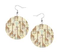 Faux Leather Round Earring, Fashion Earrings, Cute Hand Drawn Giraffes Print Dangle Drop Earrings