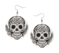 Faux Leather Round Earring, Fashion Earrings, Cute Mexican Skull Print Dangle Drop Earrings