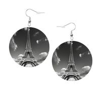 Faux Leather Round Earring, Fashion Earrings, Cute Paris Eiffel Tower and Cloud Print Dangle Drop Earrings