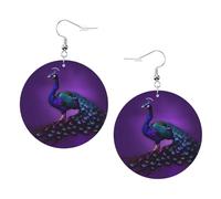 Faux Leather Round Earring, Fashion Earrings, Cute Purple Peacock pattern Print Dangle Drop Earrings