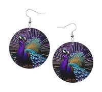 Faux Leather Round Earring, Fashion Earrings, Cute Purple Peacock Print Dangle Drop Earrings