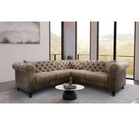 Faux Leather Suede Brown 2C2 Chesterfield Corner Sofa With Wooden Feet
