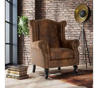 Faux Leather Suede Brown Britannia Wing Back Chair With Union Jack Flag
