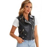 Faux Leather Vest For Women Zipper Cropped Sleeveless Biker Moto Slim PU Motorcycle Waistcoat, 067 Black, XL