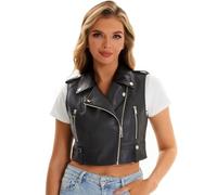 Faux Leather Vest For Women Zipper Cropped Sleeveless Biker Moto Slim PU Motorcycle Waistcoat, 068 Black, S