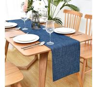 Faux Linen Double Layer Table Runner 60 Inch Long Farmhouse Rustic Deep Blue Table Runners Thick Reversible Coffee Rectangle Runners for Daily Use Dining Table Decor 13x60 Inch