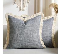 Faux Linen Fringe Decorative Pillow Covers 18x18 Inch Set of 2 Dark Grey Burlap Boho Farmhouse Throw Pillow Cases with Tassels Rustic Woven Textured Cushion Cases for Sofa Bed Living Room Home Decor